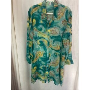IOS Tunic Shirt XL Sheer Silk Kimono Style Teal Paisley Watercolor Print EUC‎